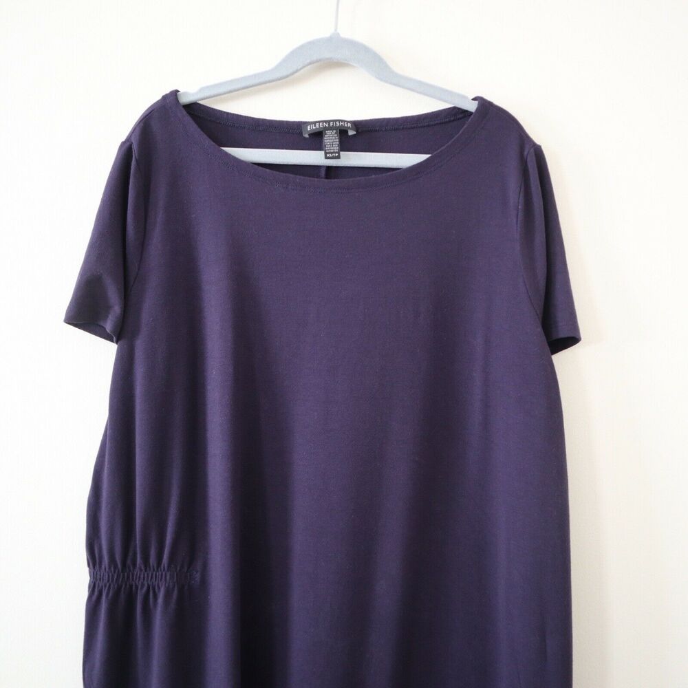 Eileen Fisher Ballet Neck Asymmetric Jersey Dress Purple Ruched Side - Picture 3 of 11